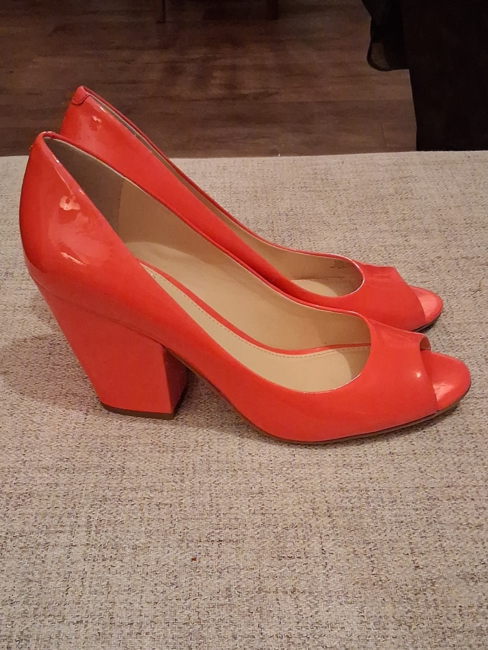 Vince Camuto Coral Patent Peep-Toe Block Heels